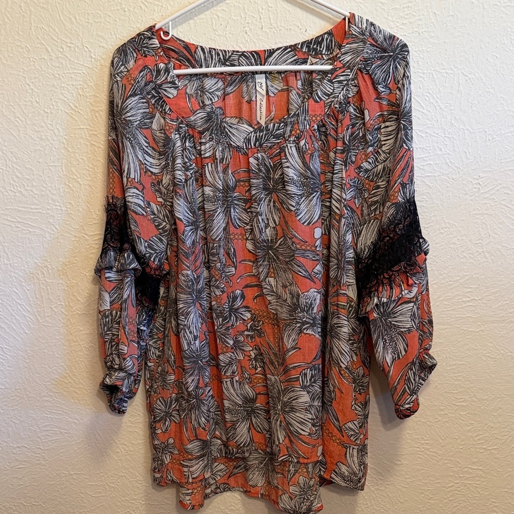 NY Collection Floral Print Women's Top - Coral and Black-XL